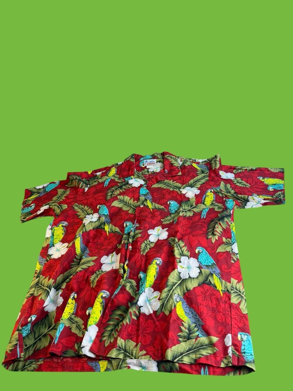 Vintage Alohawears Men's XL Red Hawaiian Parrot Hibiscus Floral Cotton Shirt